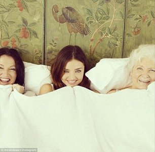 Family time: The 32-year-old said her four-year-old son Flynn enjoys playing hide and seek with Miranda's grandmother Anna Kerr (right, also pictured with her mother, Therese, left)