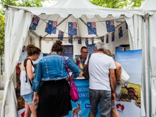 People attend an information point at the Inter-Celtic Festival in Lorient, France. Picture: Alastair Miller