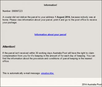 scam email example missing Australia Post branded letterhead