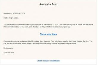 Scam email example of attempted delivery with no tracking number provided and missing Australia Post branding