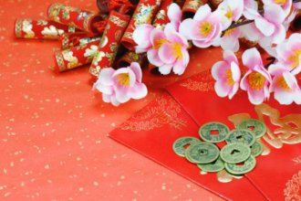 Studio shot of red envelope with money and chinese lunar new year decoration