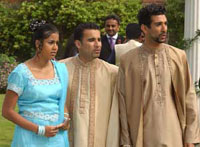 woman in sari and men in traditional indian costumes